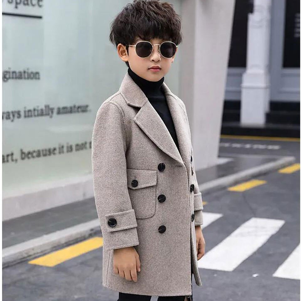 Herfst Winter Jongens Wollen Jassen Kinderen Double Breasted Jasje Turn-Down Kraag Plus Katoen Warme Dikke Kids Jongens bovenkleding
