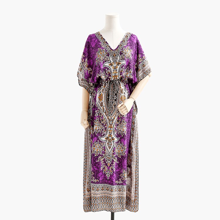 Bohemian Casual Losse Jurk Boho Vintage Etnische Stijl Lange Maxi Vrouwen Zomer Jurken India Pakistan Kleding Beach Sunny Gewaad: Purple