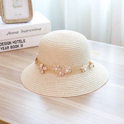 Solperler stråhat sejlerhat piger sløjfe sommerhatte til kvinder strand panama stråhat chapeau femme 48-52-54-58cm: Beige / 48-52cm