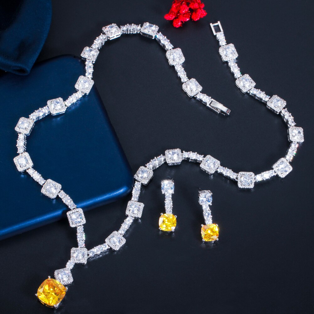 CWWZircons WunderschöNe Platz Tropfen Gelb kubisch Zirkon Partei Halskette Jewlery einstellen für Frauen Hochzeit Braut Kostüm Zubehör T504