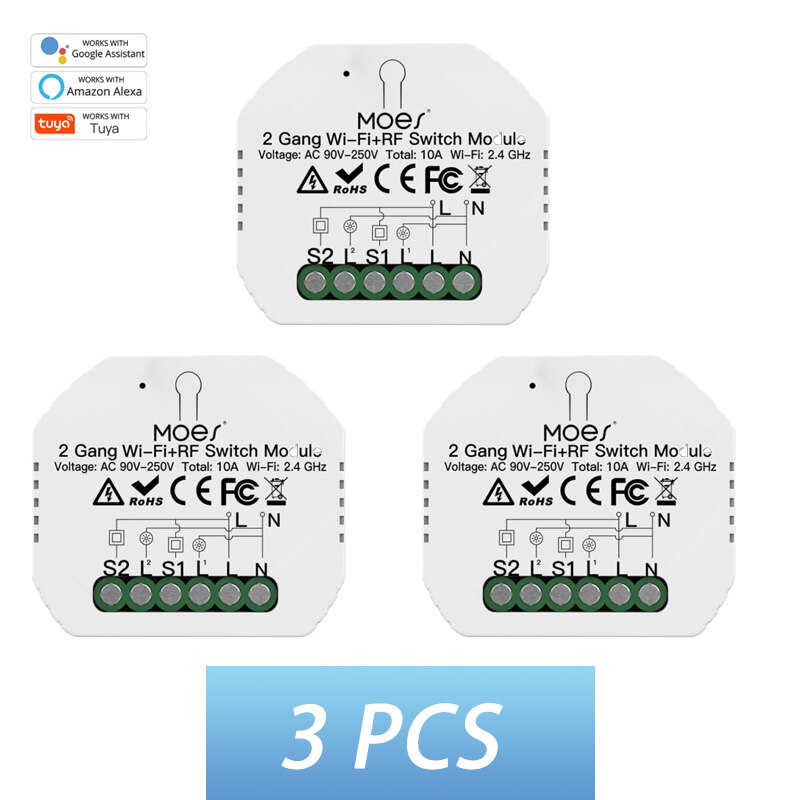 2 Gang 2 way WiFi Smart Light Switch WiFi+RF433 Smart Switch Module Tuya APP Remote Control Work with Alexa Google Home: 3pcs