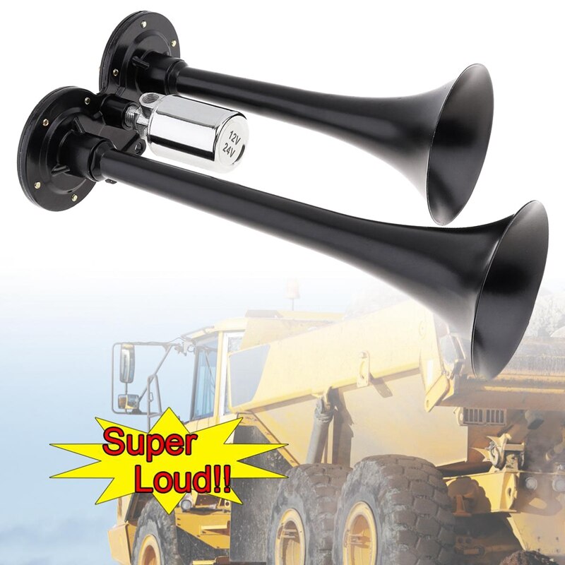 12v/24v 178db universal super højt sort dobbelt trompet lufthorn til biler lastbiler både