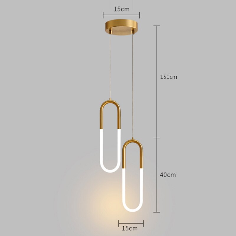 U-formade led-hänglampor i mässing för sovrum, sängbord, lång hängande lampa, köksö, matbord, heminredning, armaturer: Kall vit / Blå