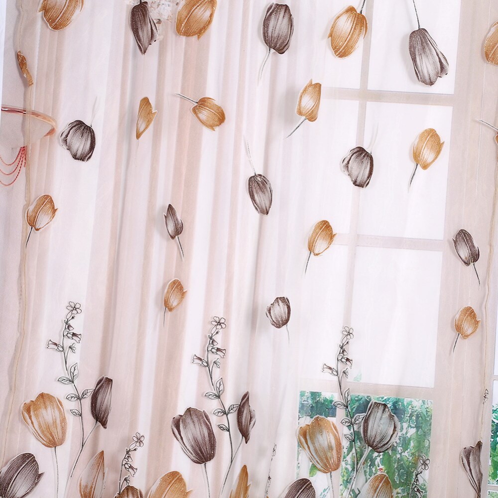 Køkken gardin tulipaner tyl gardiner gennemsigtigt drapere balkon soveværelse vindue dekoration 100*200cm tyl gennemsigtigt tryk gardin