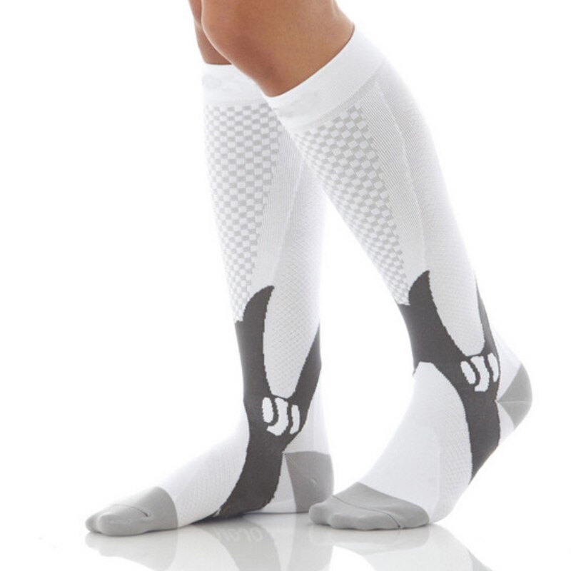 Calcetines de presión de hombre de piel de montaña deporte al aire libre antihinchazón fuerza elástica senderismo fútbol correr calcetines de tubo medio masculino VK152: White / L / XL