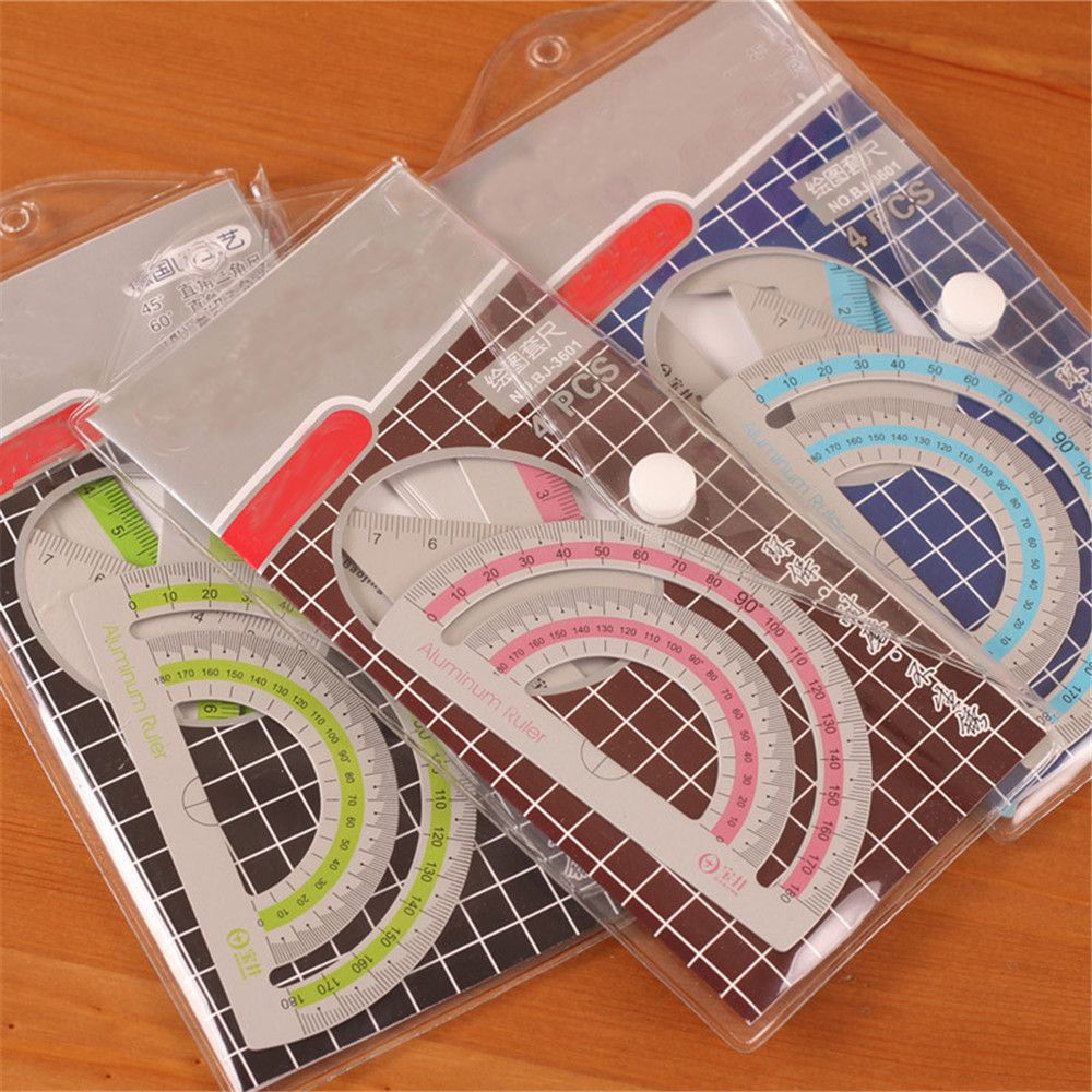 4pcs/set Multi-function Aluminum Alloy Ruler Aluminum Protractor School Office Stationery Supplies Ruler Exam ruler