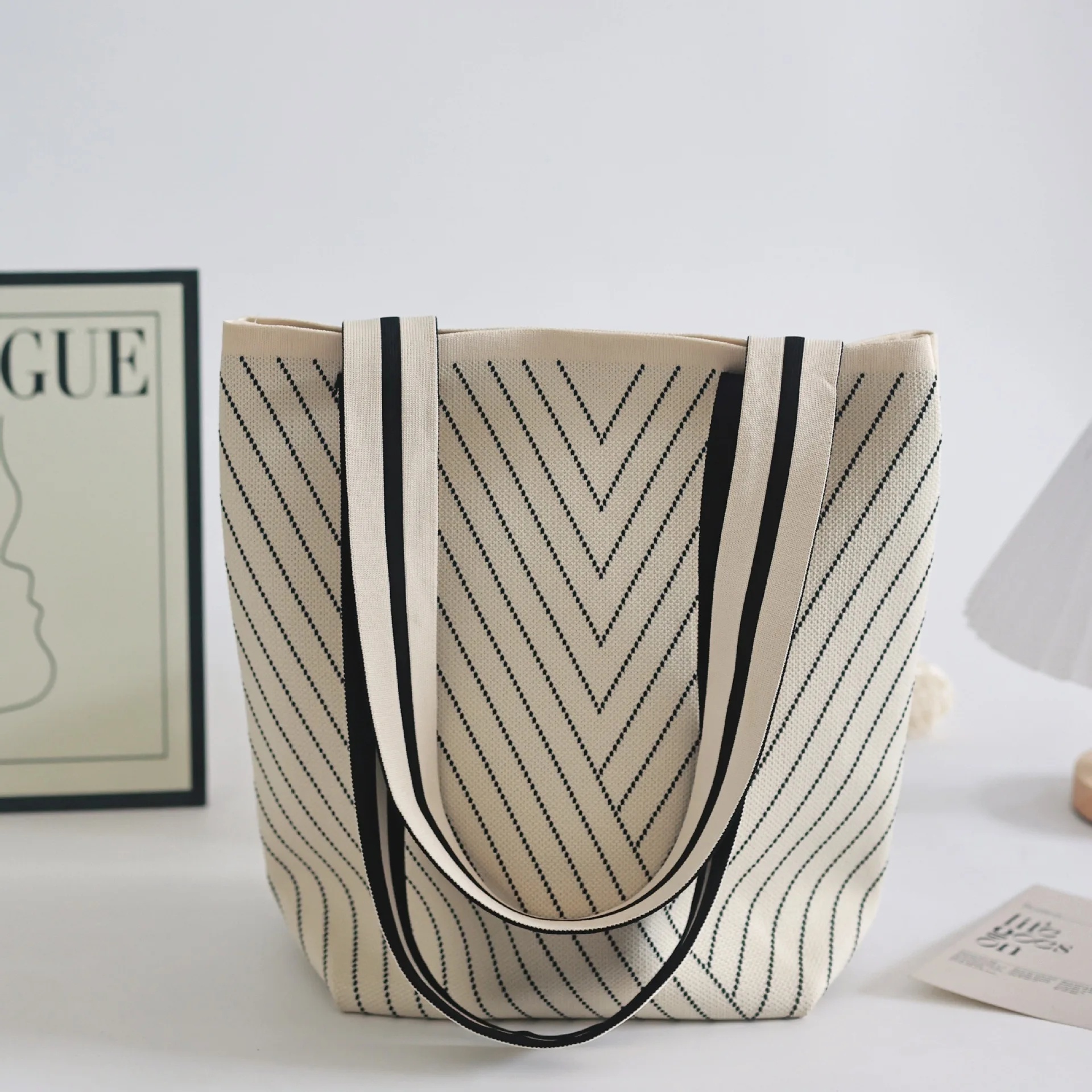 Bolso tipo cubo de punto de alta gama, bolso de hombro para mujer, bolso de de gran capacidad, estilo minimalista Neutral, fibra de poliéster: Rosa