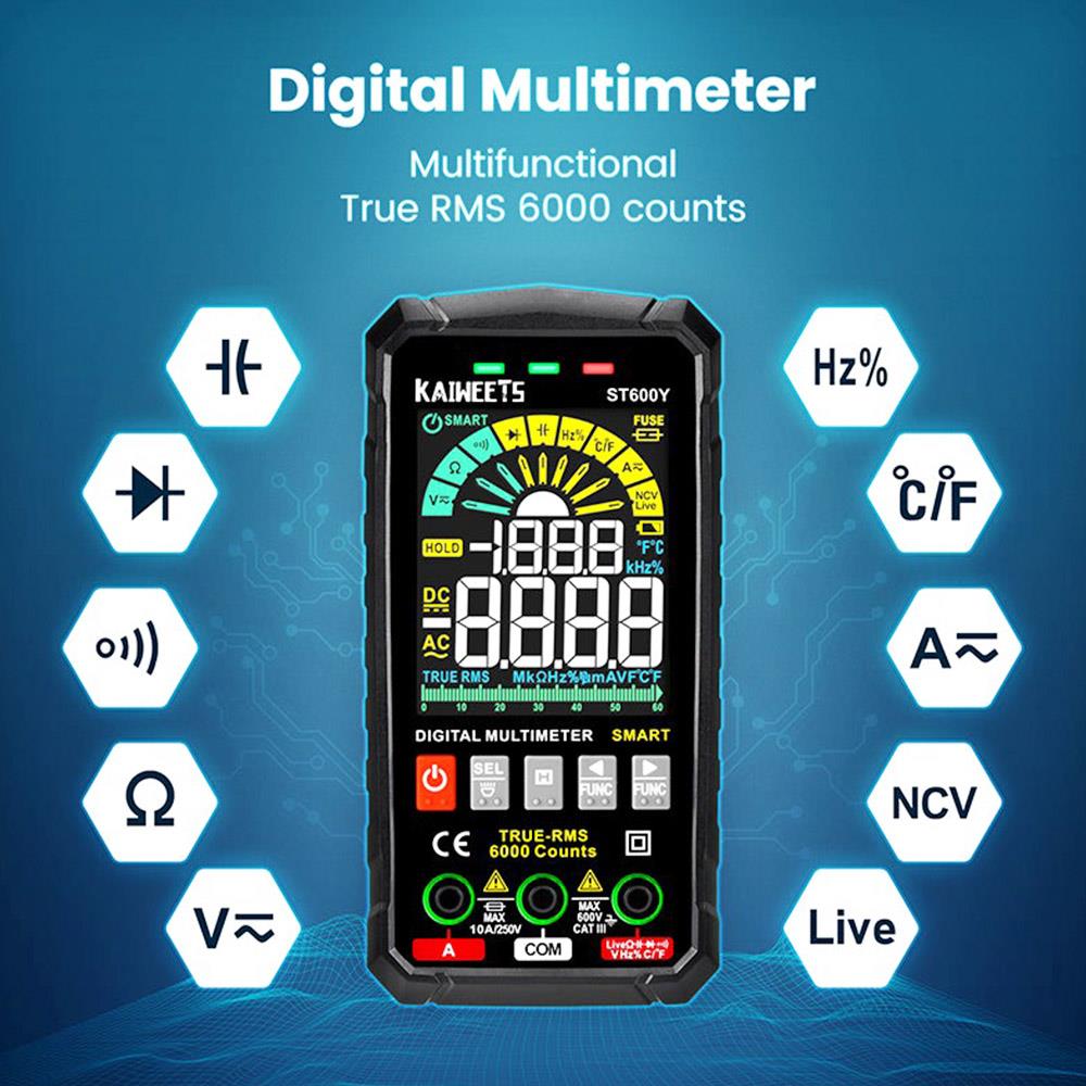 KAIWEETS-multímetro inteligente Digital ST600Y, 6000 recuentos, rango automático de valores eficaces auténticos, NCV, probador de voltaje CA y CC