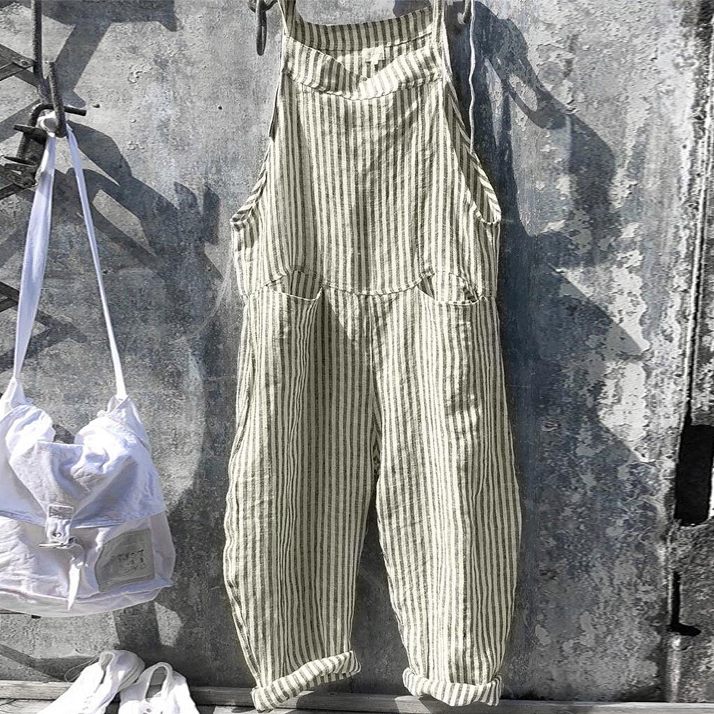 Novo design de moda solto linho macacões moda feminina bolso bandagem sem mangas macacão listra bodysuit playsuit macacão