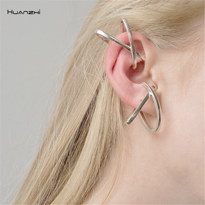 HUANZHI Trend Personality Punk Geometric Cross Arc Irregular Metal Ear clip Earrings for Women Girl Party Jewelry