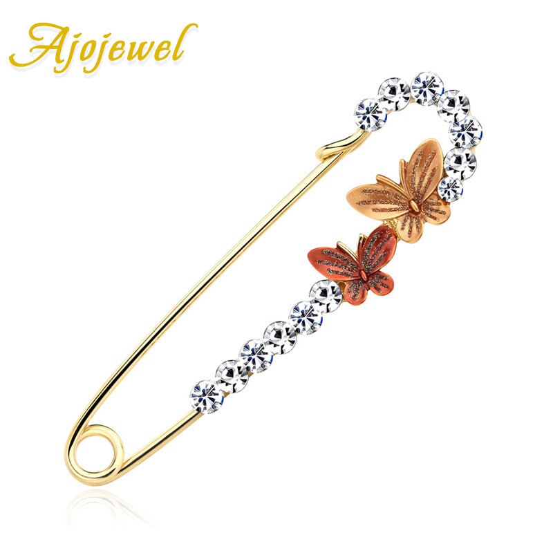 Ajojewel Grote Veiligheidsspelden Chic Dubbele Vlinder Broche Strass Sieraden Voor Vrouwen Pak Broche Femme Bijoux