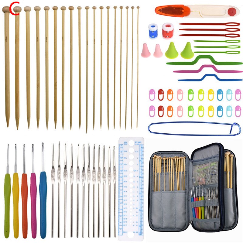 36 stk bambus strikkepinde sæt mix 2.0mm to 10.0mm 25cm 35cm lige single point garn vævet strikkepinde krog kit: C