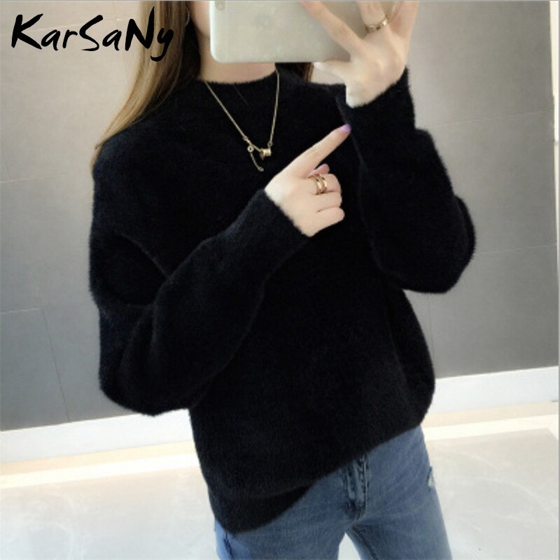 Fluffy mohair sweatere til kvinder vinter varm hvid trøje tyk blød strikket trøje kvinder solid løs sweater hun: Sort
