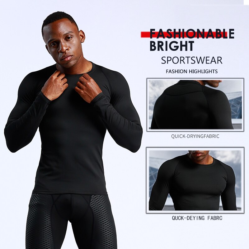 Mens Jogging T Shirt Compression Shirts Rashgard Tight-Fit Crossfit Long Sleeve Tshirt Gym Fitness Clothing Quick Dry Tee Shirt