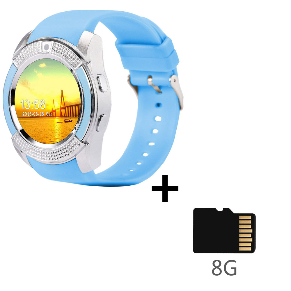 V8 montre intelligente carte sim hommes caméra arrondi réponse appel cadran appel Smartwatch android Fitness Tracker Sport: blue-Add-8GB-SDCard