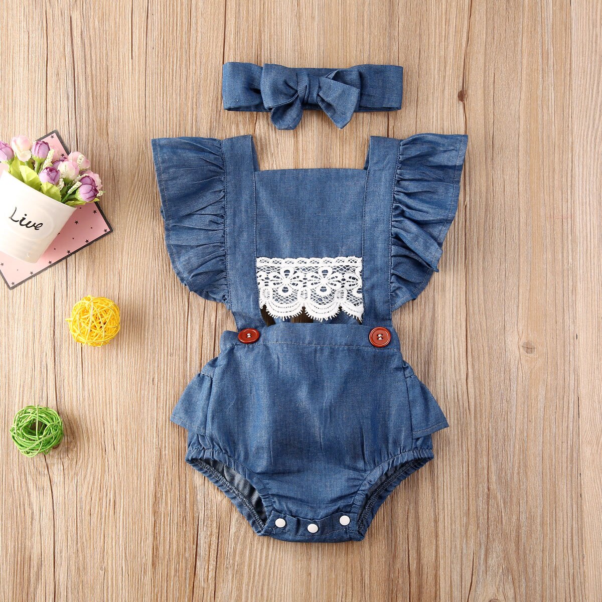 0-24M Summer Baby Girls Boys Denim Bodysuits Headband 2pcs Ruffles Short Sleeve Lace Blue Jumpsuits