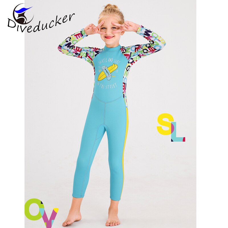 2.5mm neopren one pieces våddragter børn badetøj dykkerdragter lange ærmer piger surfing børn udslæt vagter snorkel uv protec: Blå / S