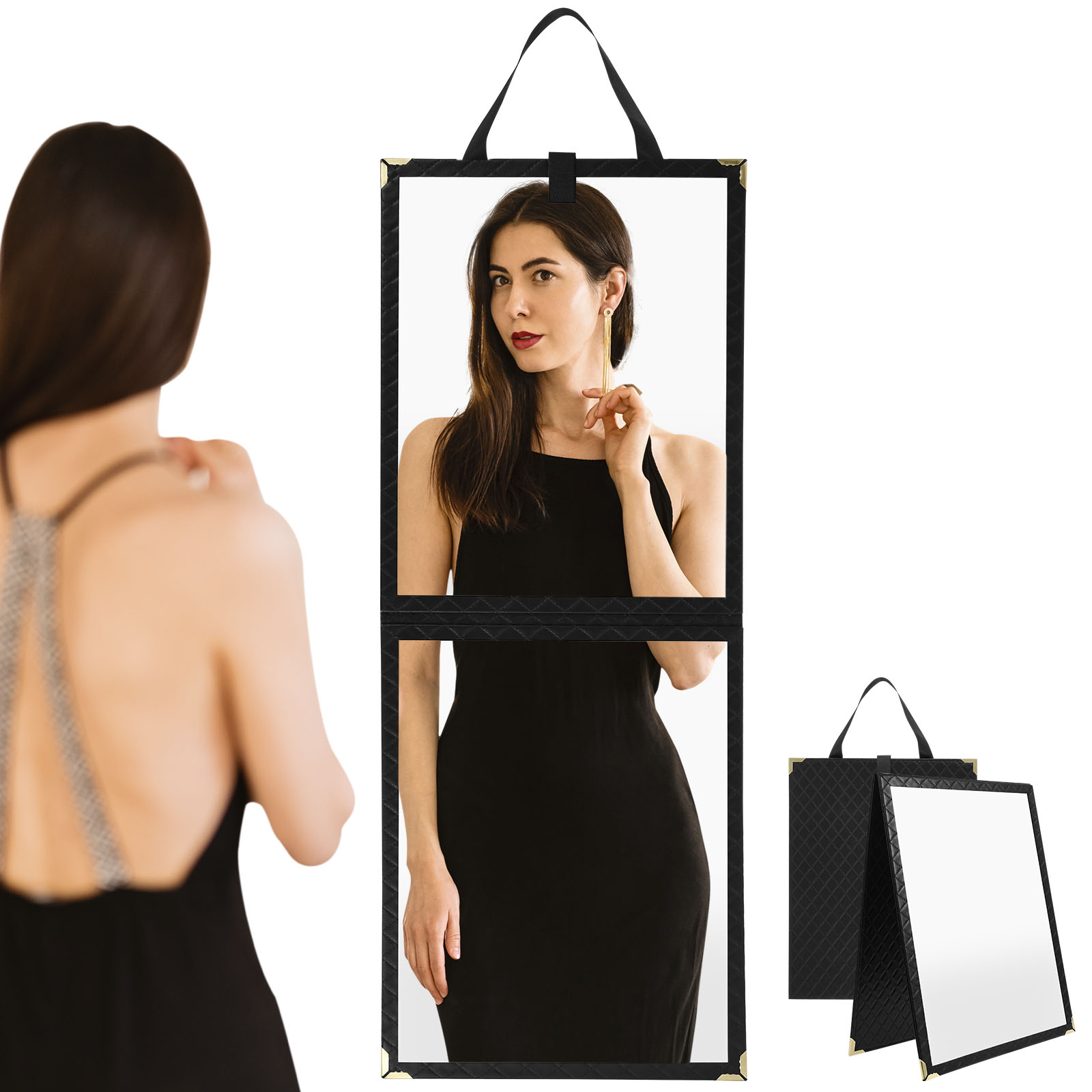 Foldable Full Length Mirror Leather Protection Aluminum Alloy Frame Shatterproof Hanging Mirror for Wardrobe Tent and RV