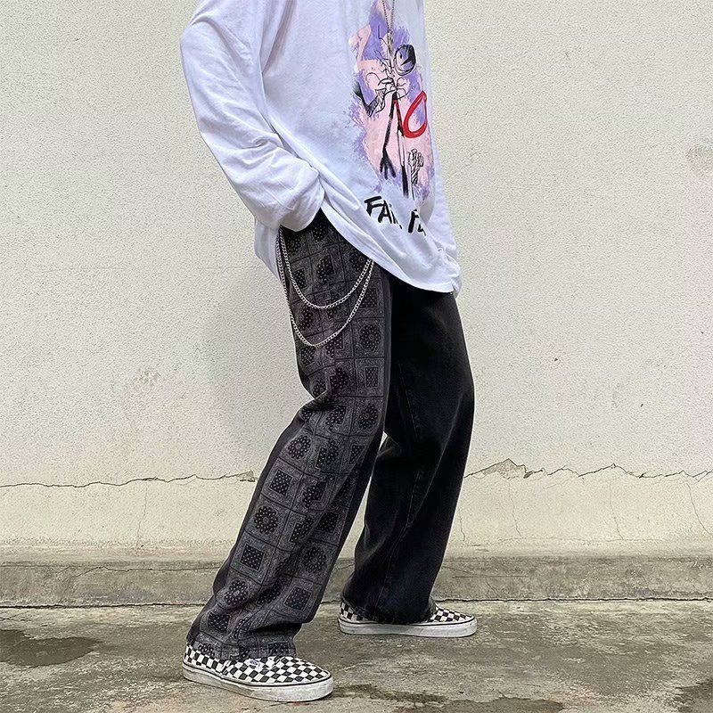 DUEWEER Mens Straight Jeans Spring Autumn Black Baggy Hip Hop Trousers Men Plus Size Plaid Print Harajuku Wide Leg Denim Pants