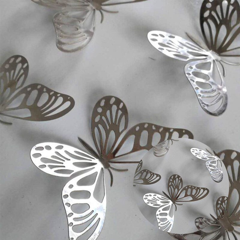 12 stk / parti 3d hule gyldne sølv sommerfugl væg klistermærker kunst hjem dekorationer vægoverføringsbilleder til fest bryllup display sommerfugle