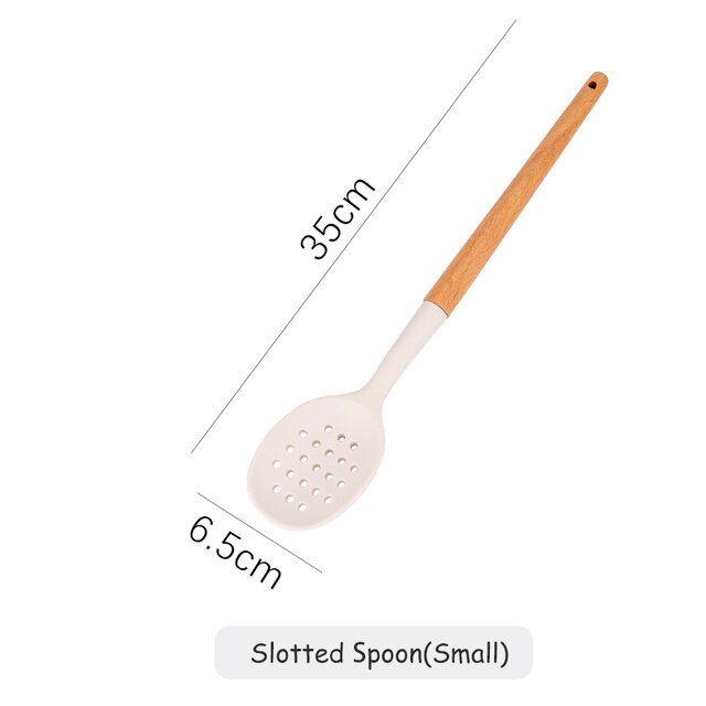 White Cooking Utensils set Silicone Kitchen Tools Set with Wood handle for Nonstick Cookware Kitchen set with Spatula/Spoons: Slotted Spoon(Small)