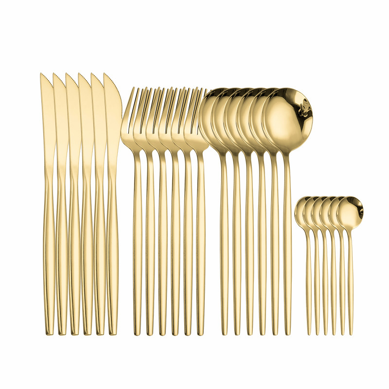 Cubiertos dorados de acero inoxidable, juego de 24 piezas, cuchillo, tenedor, cuchara, pulido, tenedores, vajilla s