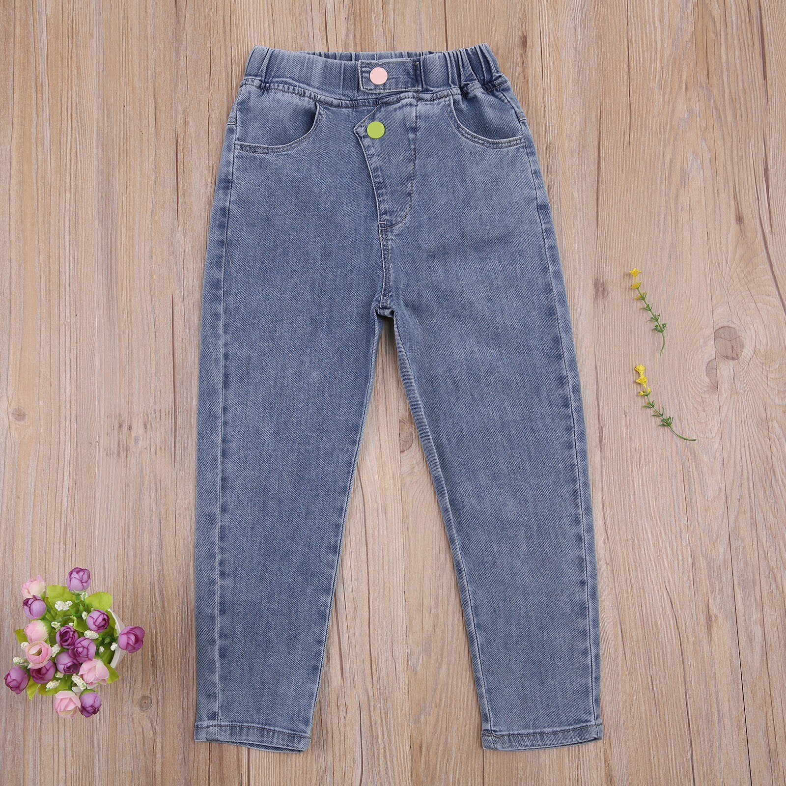Collectie Baby Meisje Elastische Denim Broek Kleurrijke Knop Decoratie Lange Broek Casual Losse Pocket Kleding