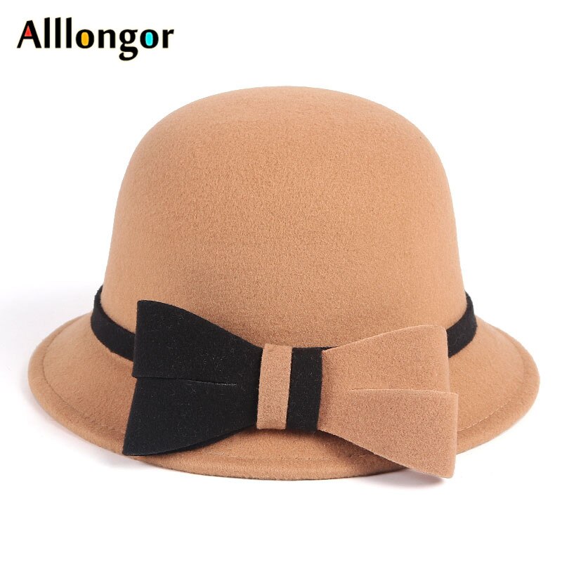 Wool Fedora Hat Women Winter Vintage Felt Hats ladies Bowknot Bucket Cap Black White dome Top Church bowler Hat: Khaki