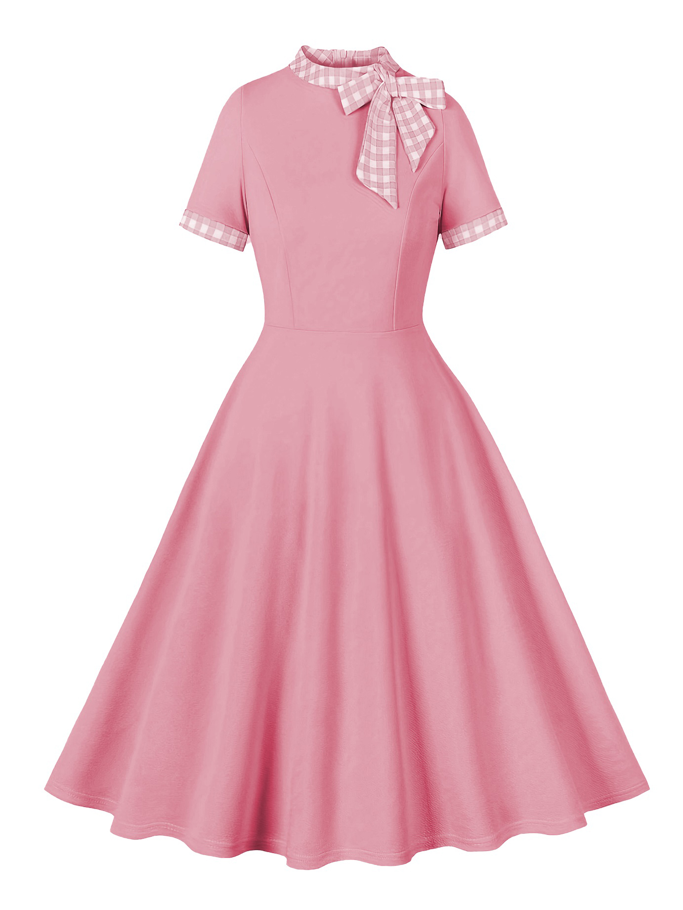 Tonval Contrast Plaid Tie Neck 1950s Dresses Birthday Women Gorgeous Clothes Summer A-Line Flare Dress: XXL / Pink