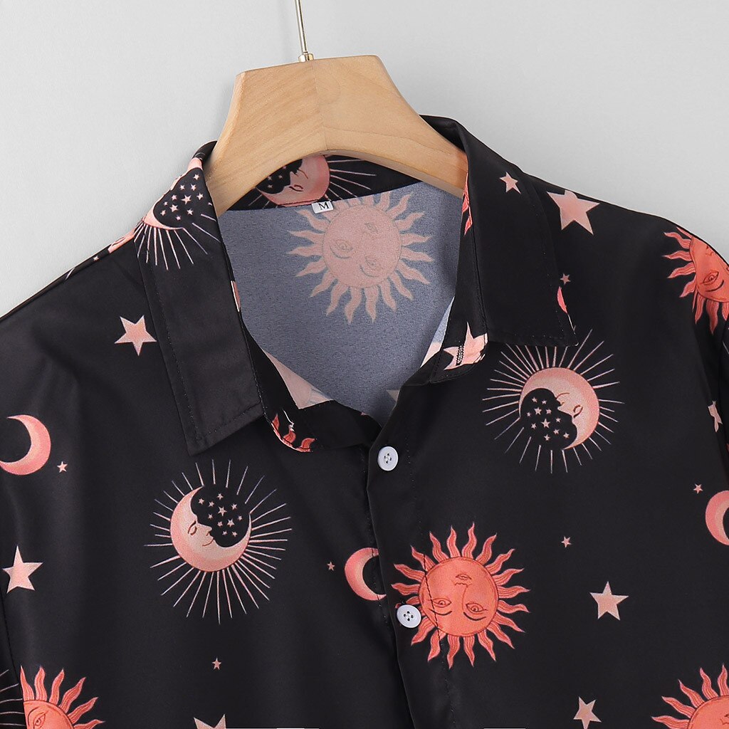 Summer Men Shirts Harajuku Style Casual Sun And Moon Print Shirt Button Down Loose Breathable Beachwear Shirts For Men Male