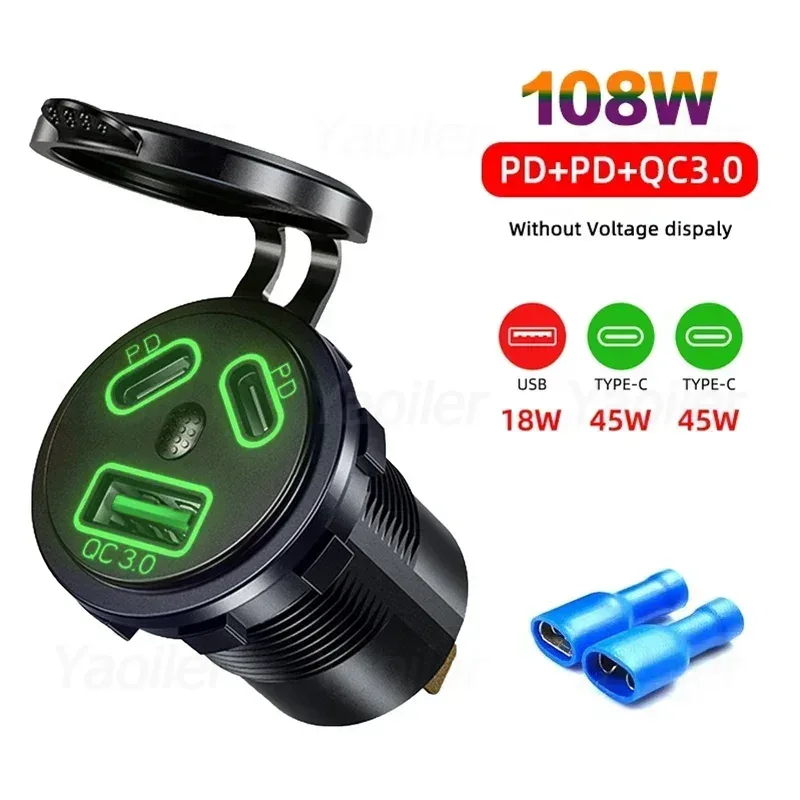 12V/24V USB-Steckdose 108W 3 Häfen Autoladegerät Dual 45W PD Typ C & 18W QC 3.0 USB-Ladegerät für Motorrad-Steckdose Ladeadapter: Lila