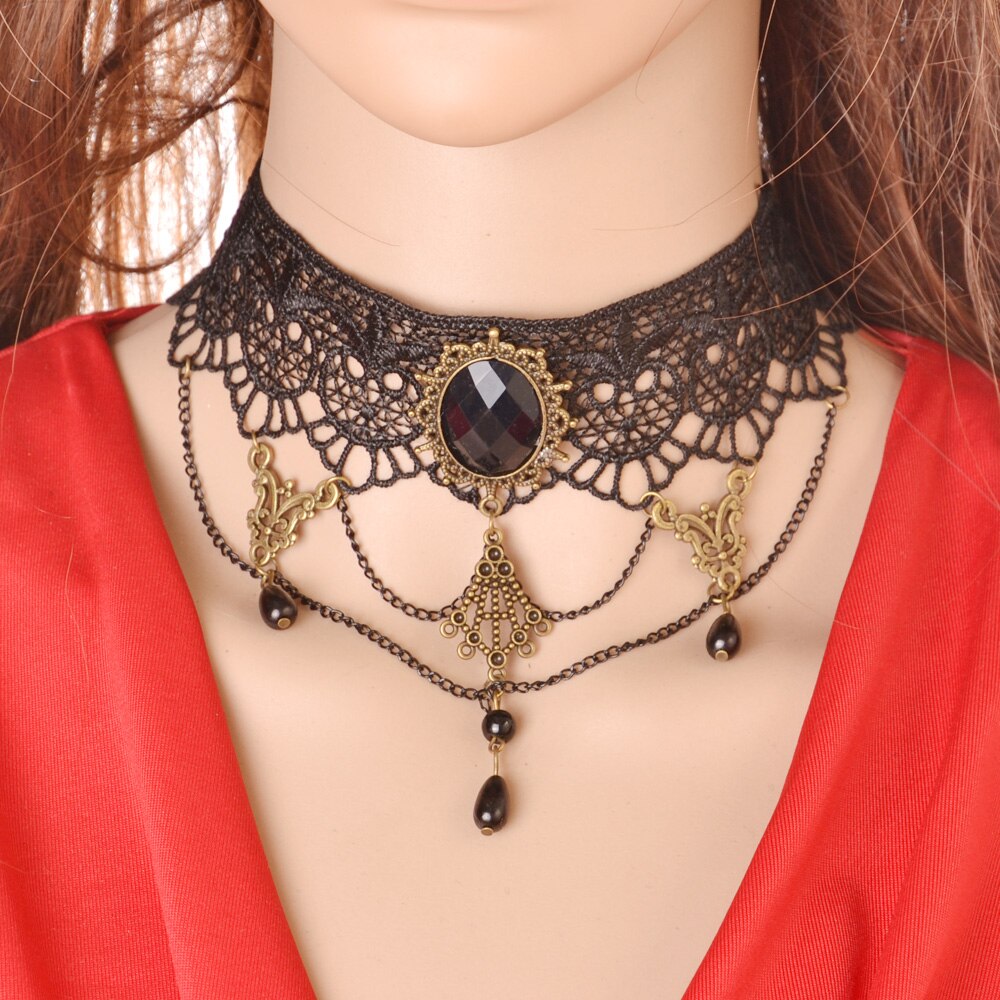 Classic Black Chain Vintage Gold Metal Bead Flower Pendant Gothic Lace Choker Necklace for Women Retro Statement Collar Jewelry: N3353