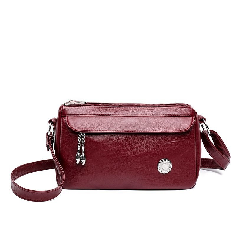 Famous Brand Casual Solid Color PU Leather Crossbody Bags for Women Ladies Shoulder Bag: Wine Red