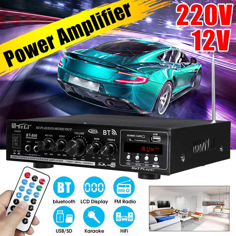 Wireless bluetooth Power Amplifier Dual Channel Sound Audio Stereo Receiver USB SD AUX MIC FM Radio DC12V/AC220V For Home/Car