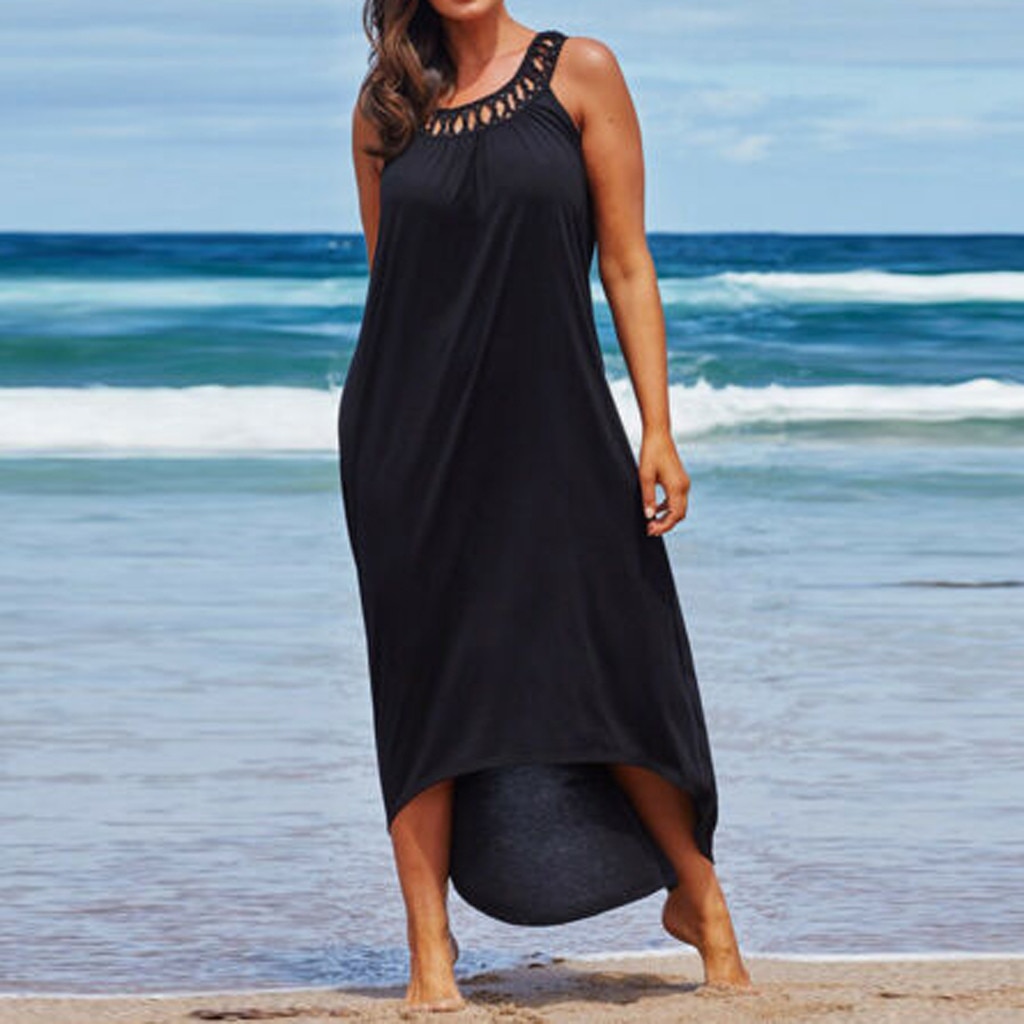 Vestido largo playero de gasa para mujer, caftán de gasa negro para mujer, Pareo de talla grande, ropa de playa sin mangas, túnicas de playa