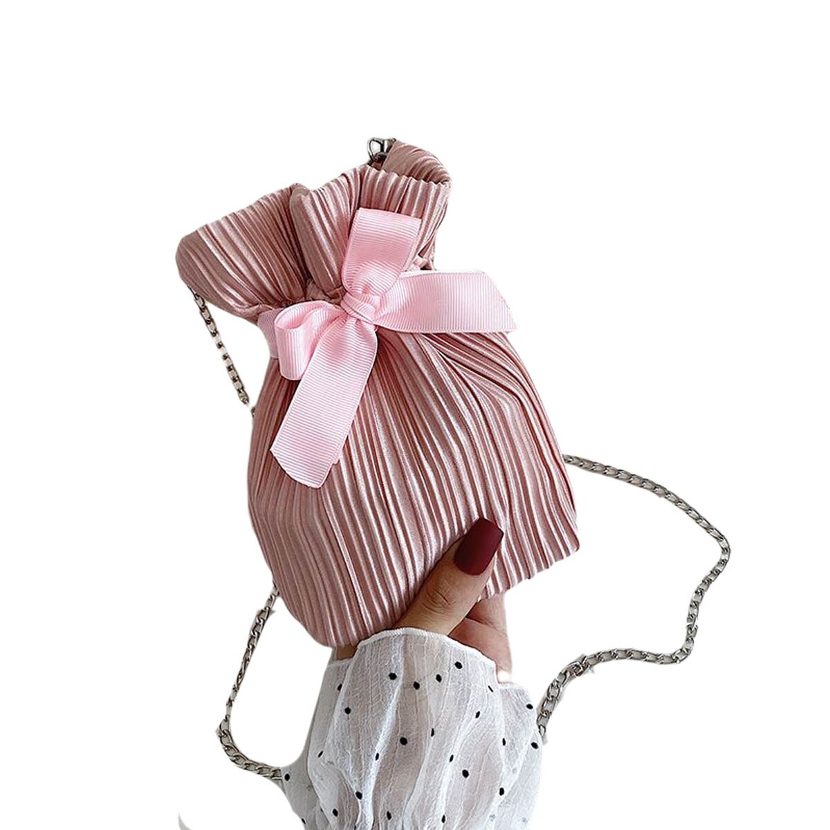 Merk damestassen crossbody-tassen dames draagbare emmervormige decoratieve metalen schouderbanden tassen: Roze