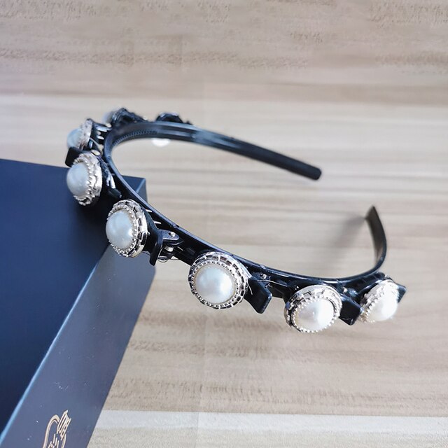 Bandas para el pelo de doble capa para mujer, bandana de pelo antideslizante hecha a mano con Clip de perlas, diadema trenzada de plástico a la , horquilla para peinado: Silver