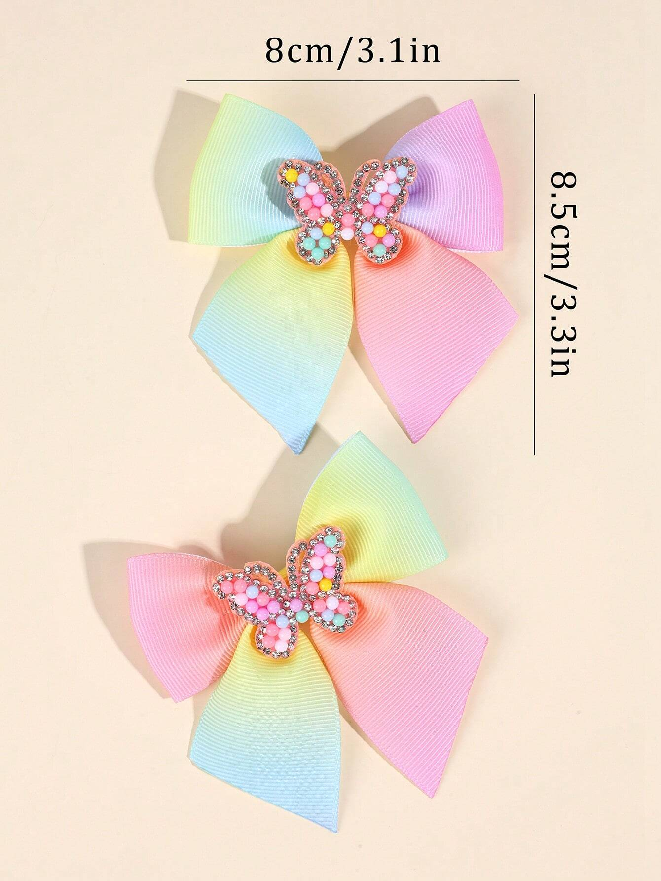 Lazo de pelo de arcoíris para niña, 2 piezas, cinta de grogrén degradado, pinzas para el pelo con cuentas de diamantes de imitación, mariposa, accesorios para el cabello