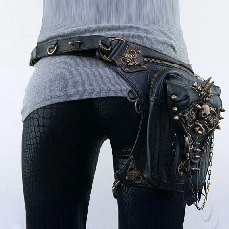 Steampunk, sac ceinture en cuir pour femmes, sacs aux jambes de moto, bandoulière avec support coque de téléphone, sacs noirs, nouveauté