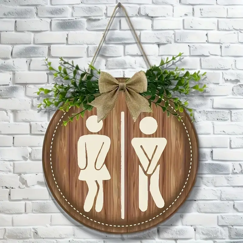Letrero de madera con corona rústica para decoración de pared, tablero redondo, letreros para puerta de lavandería, letrero colgante para baño, decoración de baño Unisex