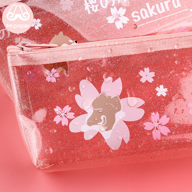 Mr.Paper 4 Designs Pink Cherry Blossom Shiba Inu Transparent Pencil Bags School Case Student Large Size Pencil Bags