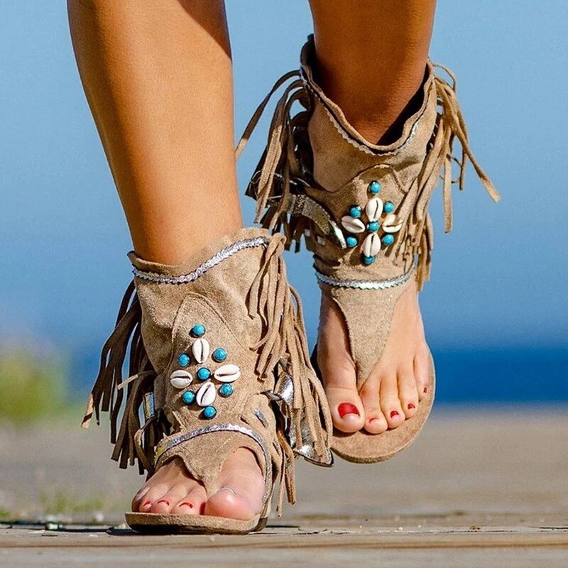 Sandalias Retro con flecos y flores para mujer, zapatos informales de playa, chanclas de verano,: Khaki A / 41