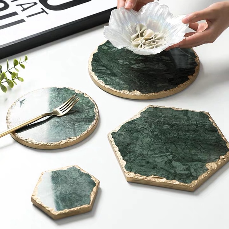 Luxe Antislip Emerald Real Marmer Coaster Mok Plaats Mat Groene Steen Met Gouden Inlay Hittebestendige Trivet Tafel decoratie