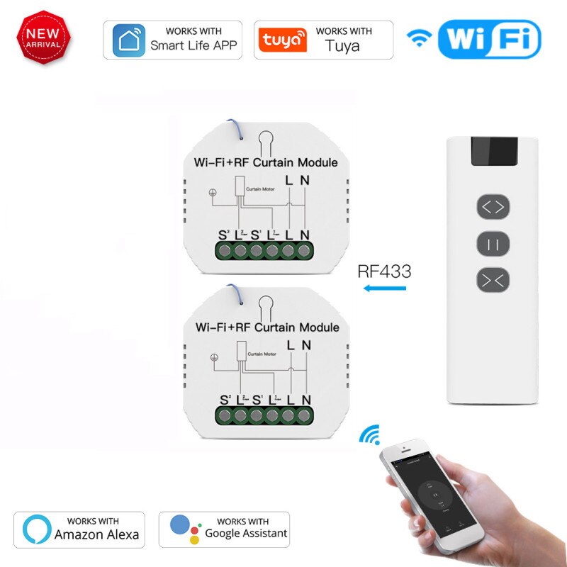 Módulo de interruptor de persiana enrollable RF433 con WiFi, interruptor de cortina con Control remoto, funciona con Google Home, Alexa y Control por voz, bricolaje, Tuya: SET 2