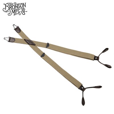 Bronson old time enfärgade hängslen kostymbyxor för vuxna hängslen kohud spagetti flexibel axelrem: Kaki x