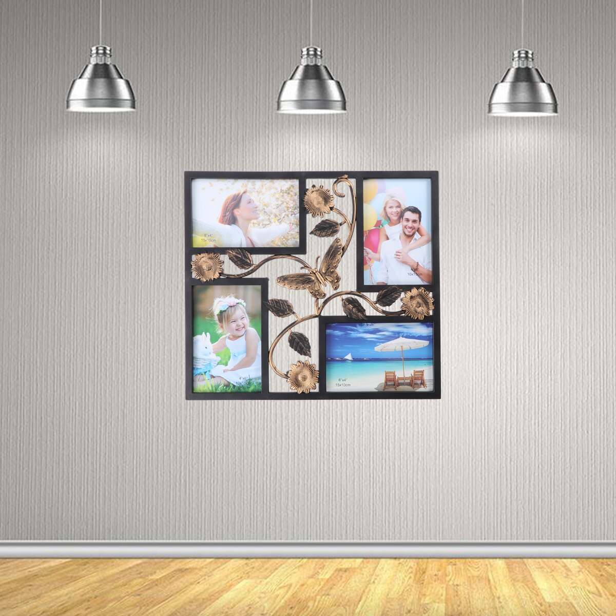 Marco decorativo con 4 orificios para colgar en la pared, foto para colgar en la pared, con flores y marco de fotos Vintage, color negro