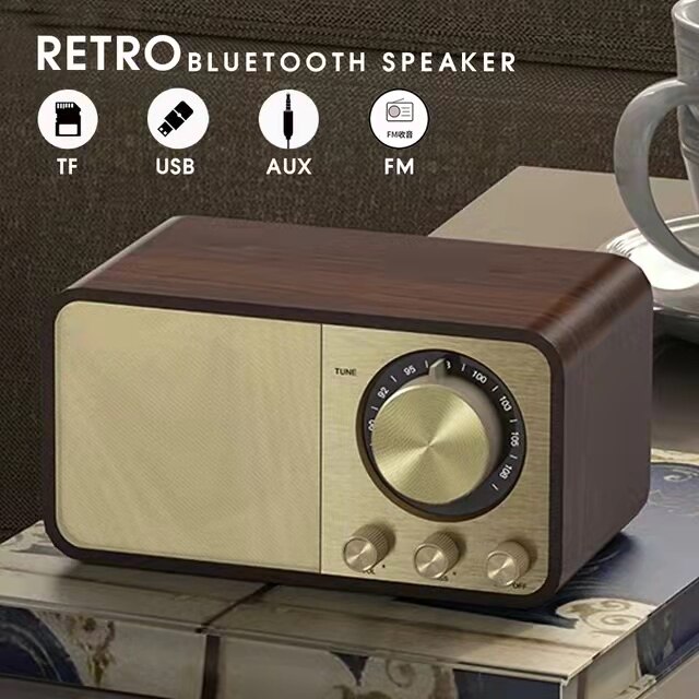 Tragbarer retro-bluetooth-lautsprecher aus holz mit 5.0 lautsprechern, fm-radio, subwoofer und tf-/sd-kartensteckplatz  mp3 abspielgeräte