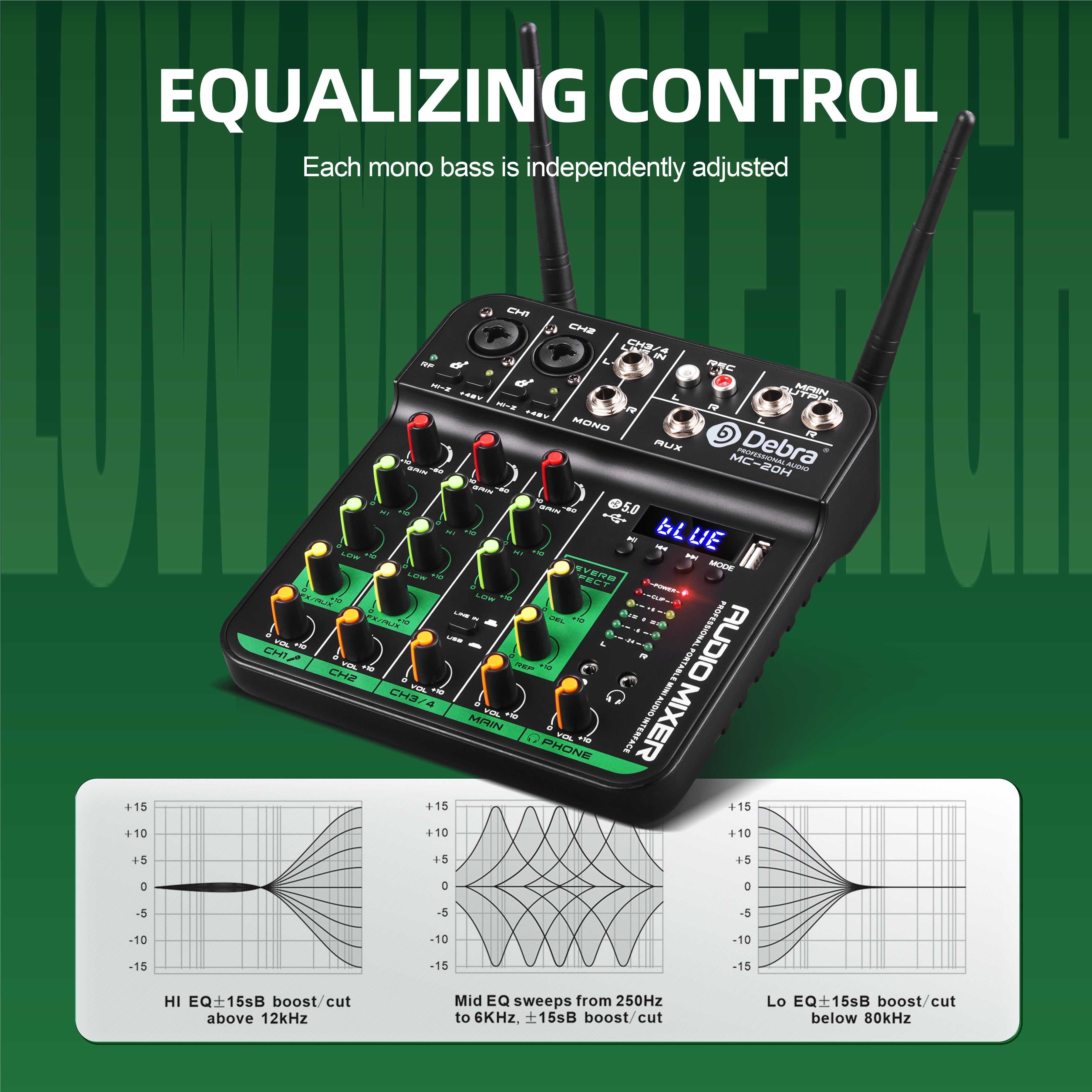 Debra UHF Wireless Microphone 4 Channels Audio Mixer Audio Interface Mixing Console Bluetooth Record PC Delay Repaeat Effect