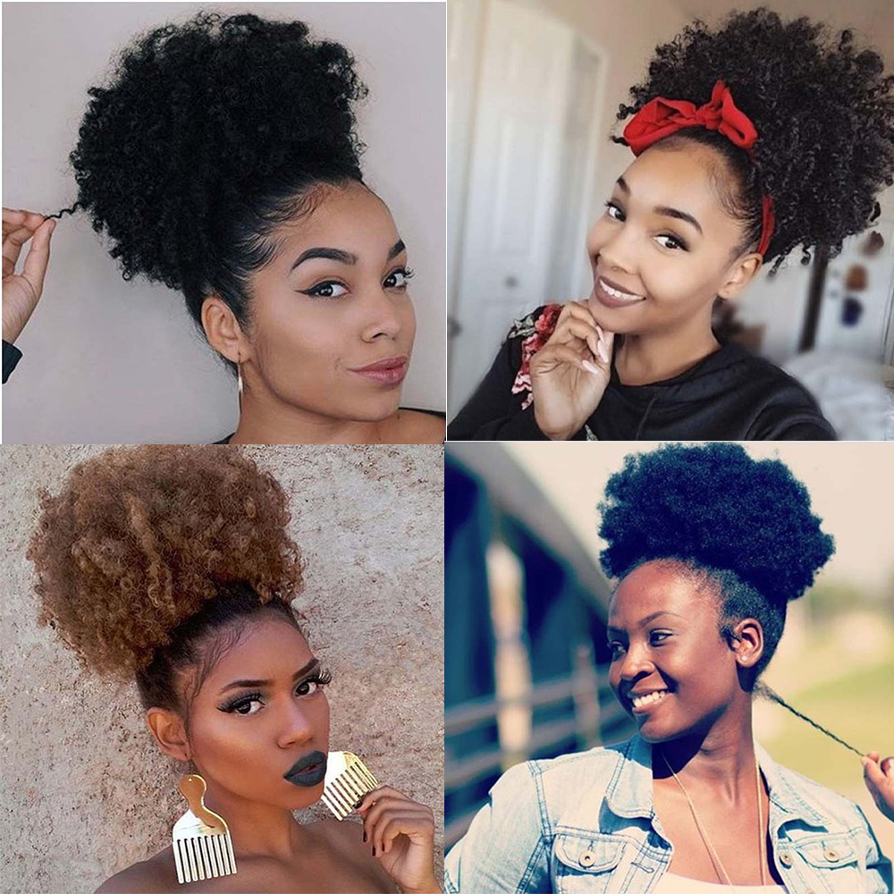 Coleta sintética Afro Puff con cordón, pelo corto Afro Kinkys, extensión de moño Afro rizado, postizos de gran tamaño, 10 pulgadas