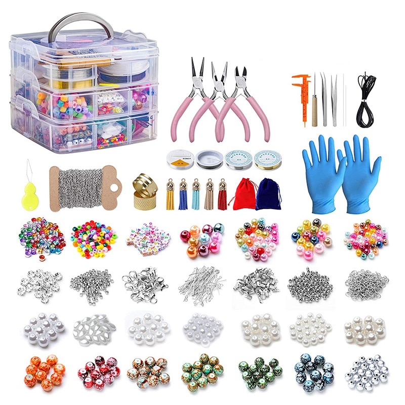 2456 stykker smykkesett, smykkeverktøy med smykkeperler, smygtang, perletråd, oppbevaringsboks, juvel: Default Title
